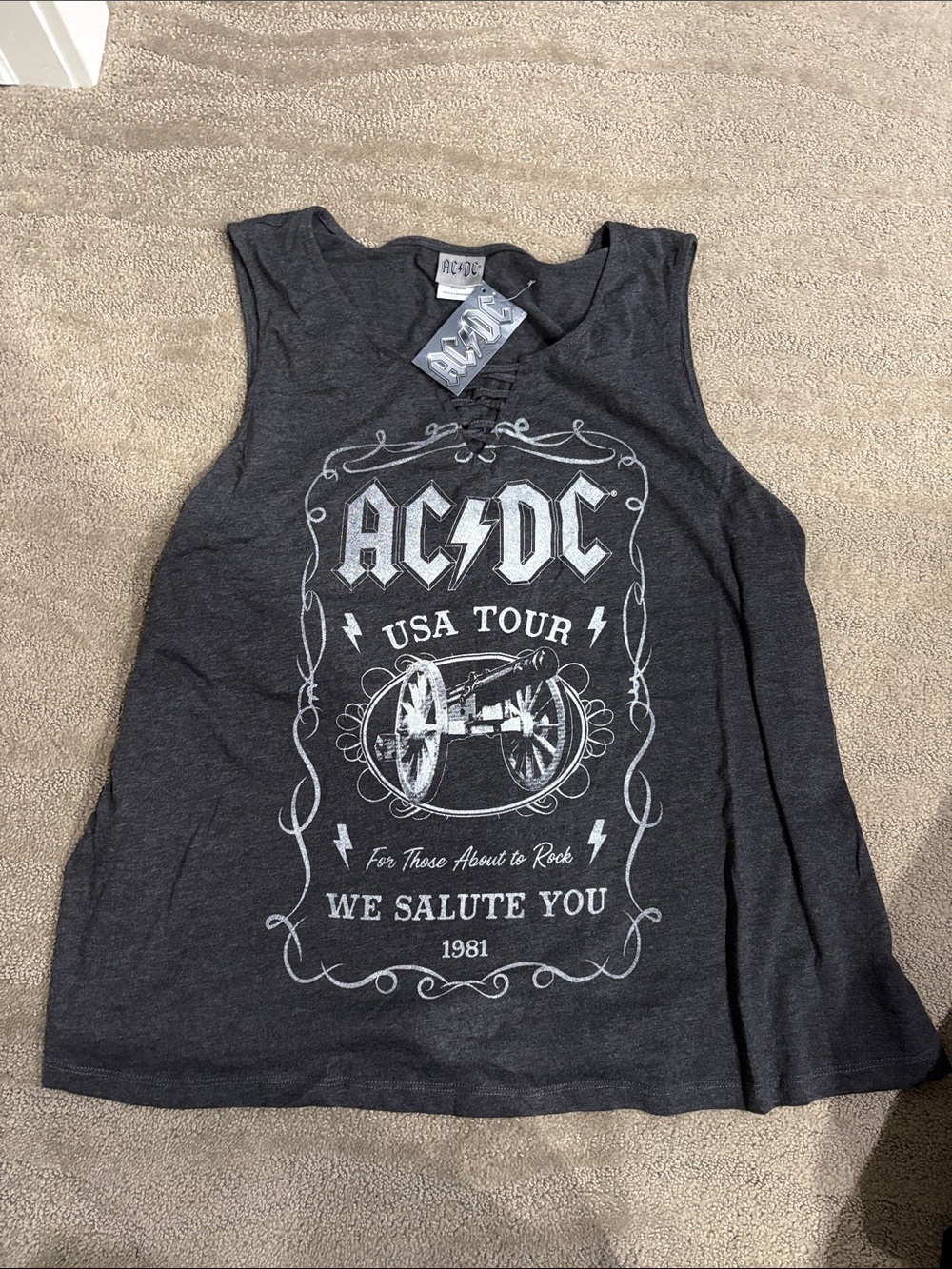 AC/DC Dark Gray Graphic Muscle Tank with White Band Print
